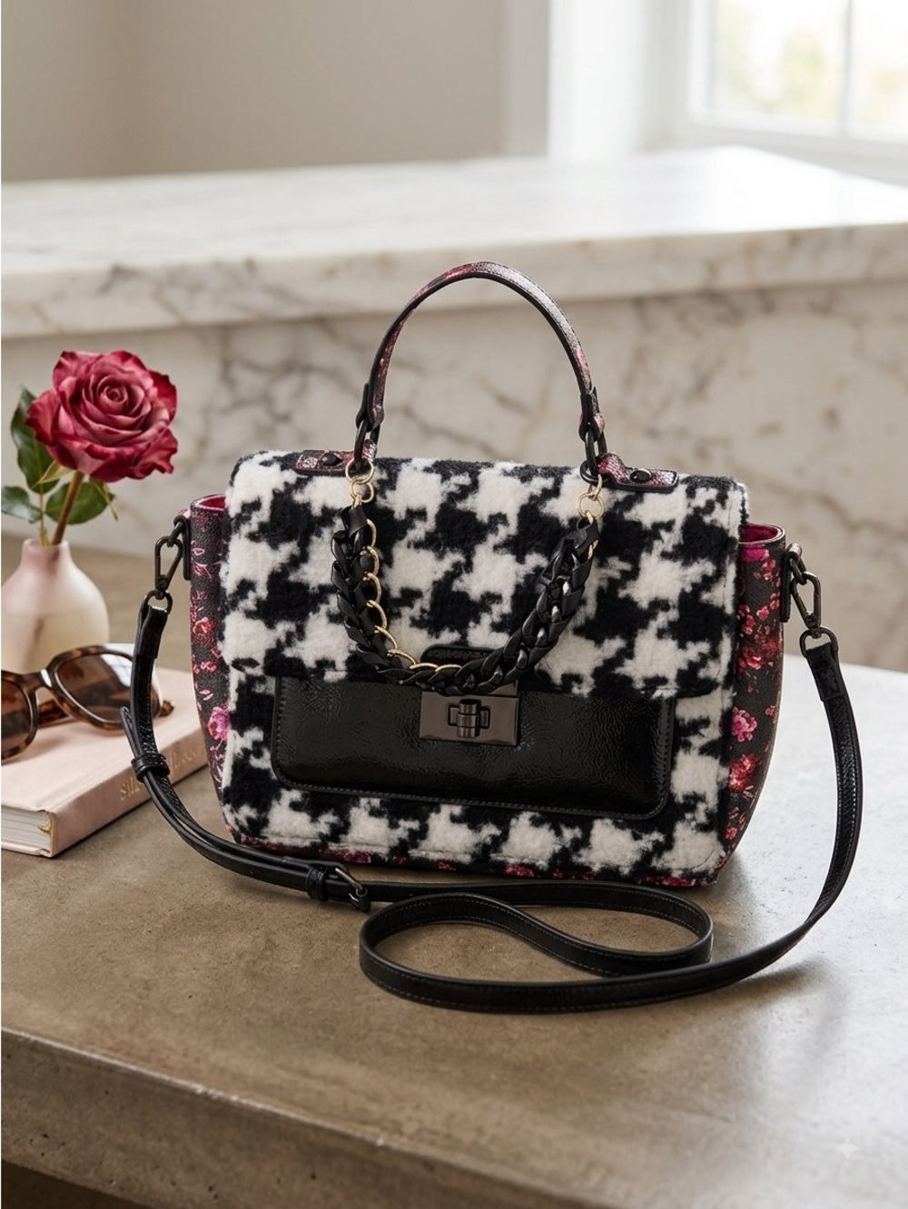Betsey Johnson Black and White Houndstooth Crossbody Purse